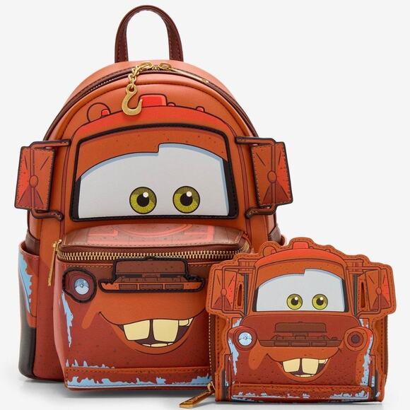 Loungefly Handbags - Loungefly Disney Pixar Cars Figural MATER Light-Up Backpack and GITD Wallet NWT